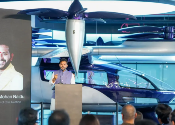 India Aviation Minister Ram Mohan Naidu at Sarla Aviation headquarters inauguration in Bengaluru announcing air taxi launch by 2028