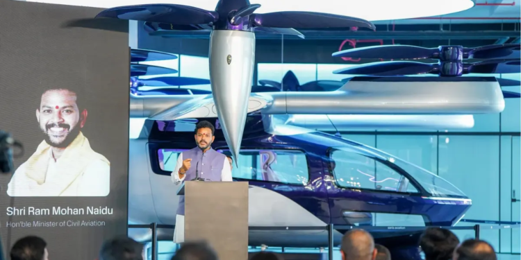India Aviation Minister Ram Mohan Naidu at Sarla Aviation headquarters inauguration in Bengaluru announcing air taxi launch by 2028